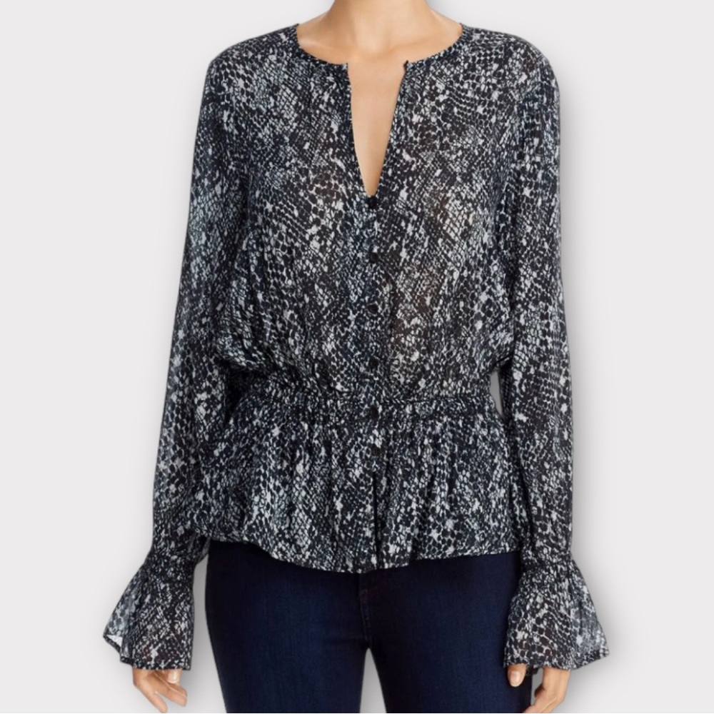 Bella Dahl Anthropologie Women’s Blouse XS Snakeskin Peplum Ruffle Feminine